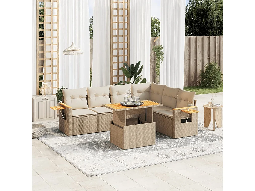 7-delige Loungeset met kussens poly rattan beige