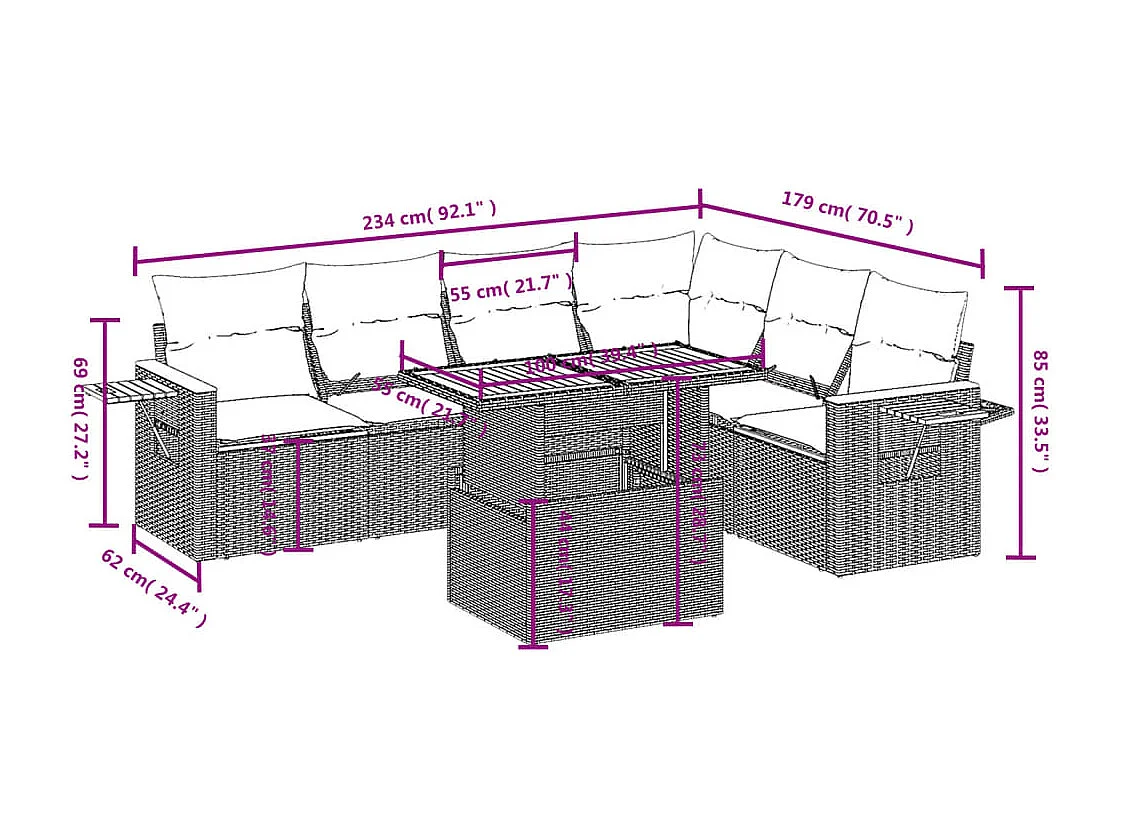 7-delige Loungeset met kussens poly rattan beige