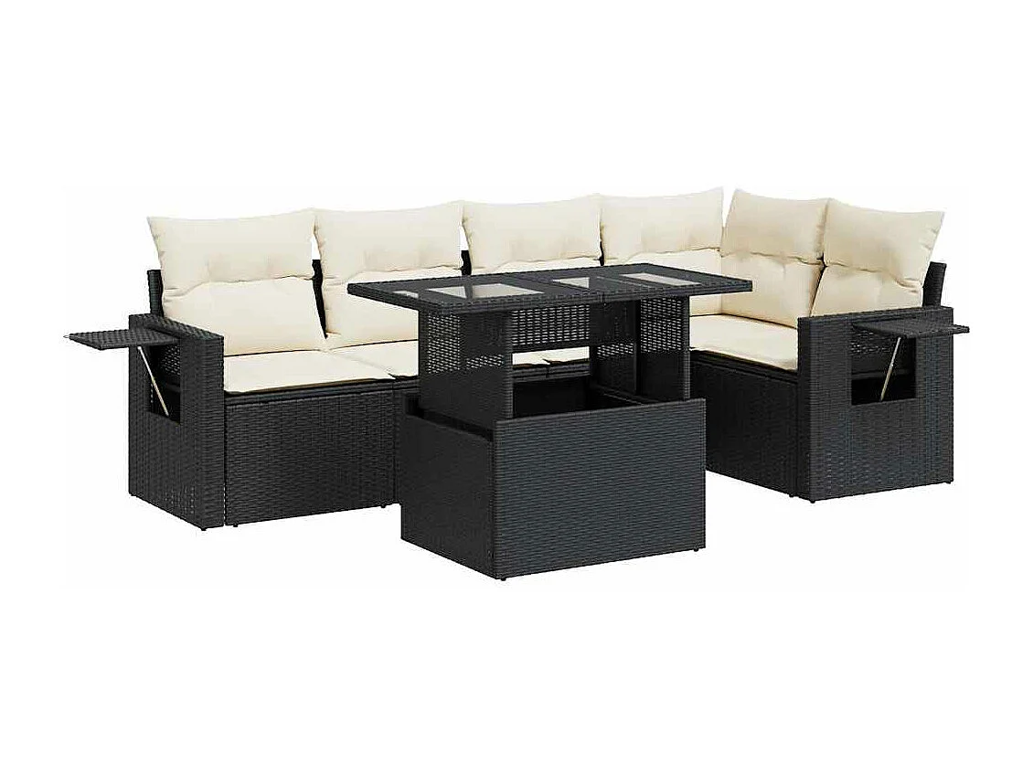 6 peças conjunto sofás de jardim com almofadões vime PE preto