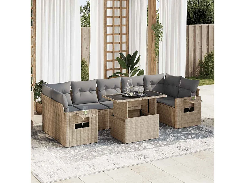 8-delige Loungeset met kussens poly rattan beige