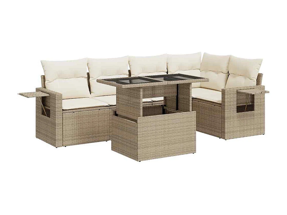 6-delige Loungeset met kussens poly rattan beige