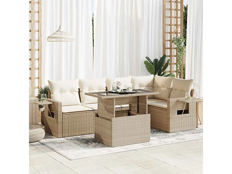 6-delige Loungeset met kussens poly rattan beige