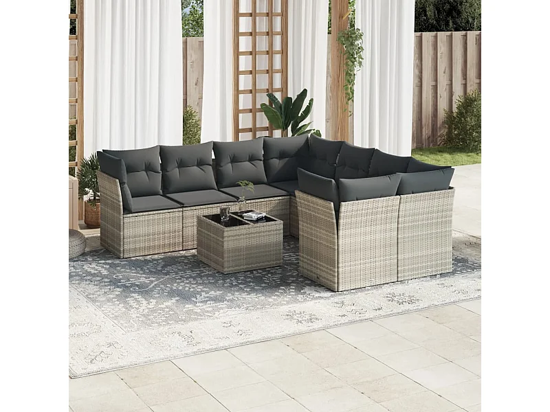 Set muebles jardín 9 piezas y cojines ratán sintético gris claro
