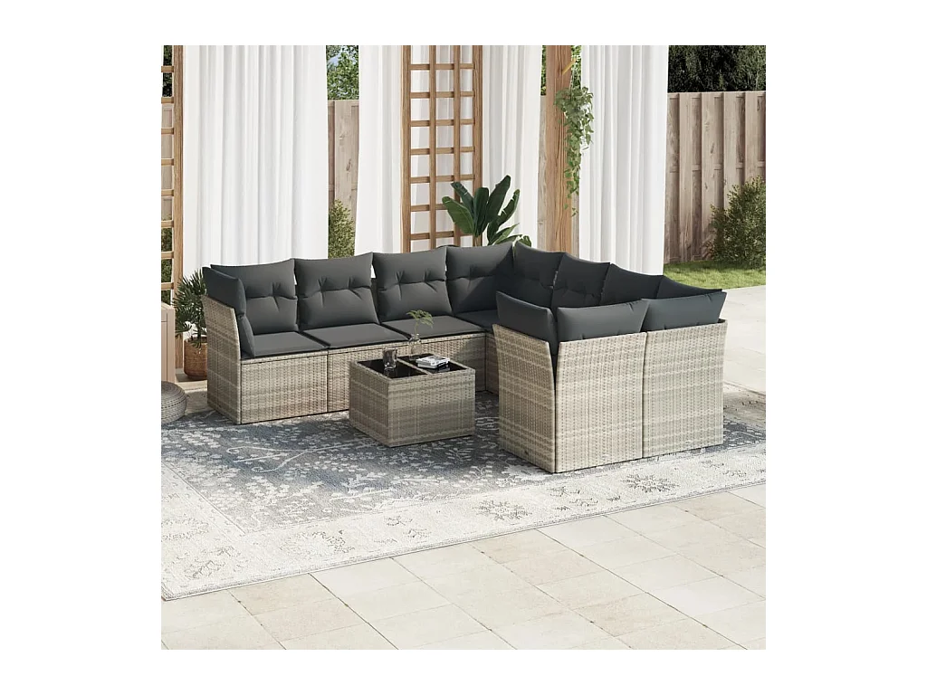 Salon de jardin 9 pièces avec coussins gris clair résine tressée
