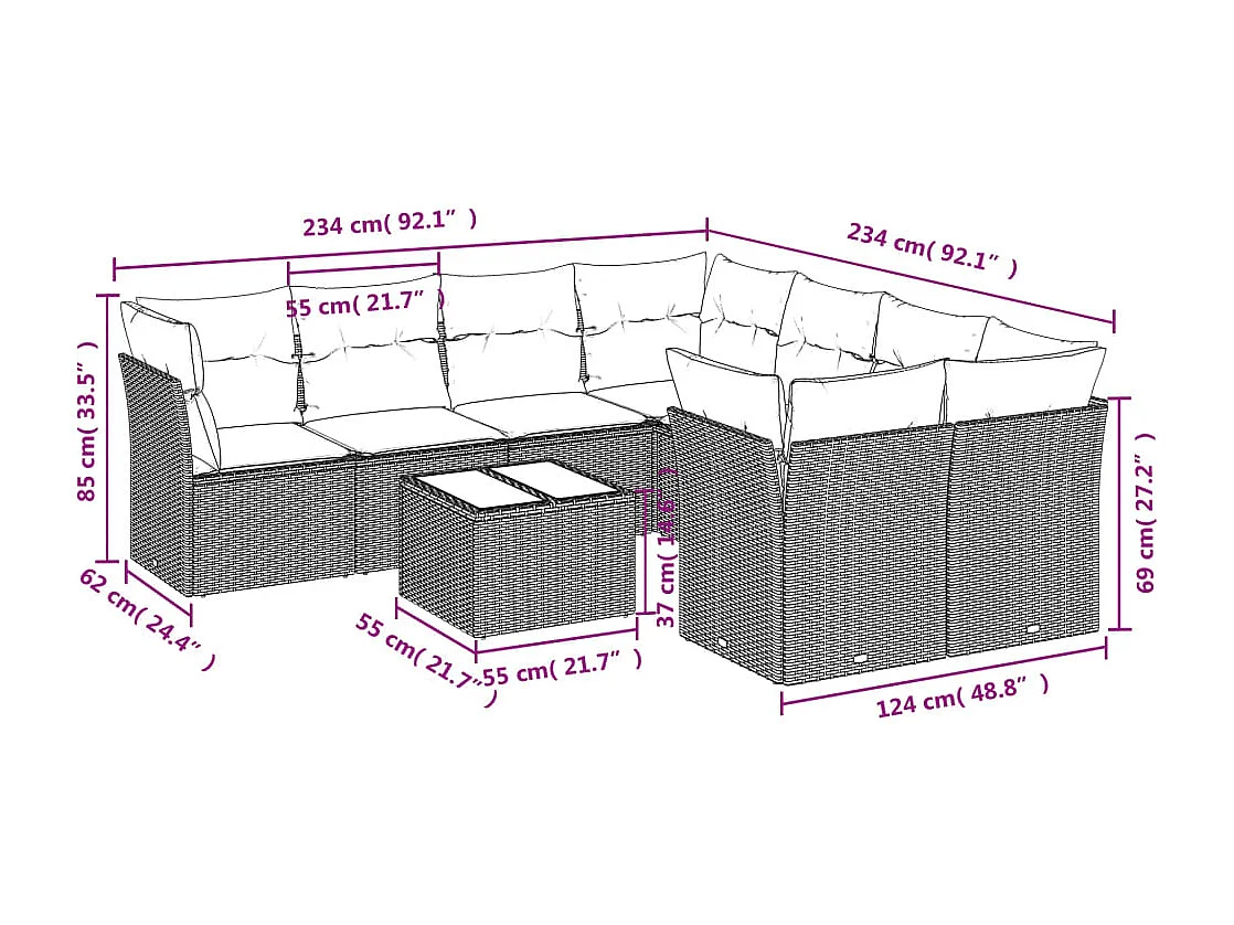 9-delige Loungeset met kussens poly rattan lichtgrijs