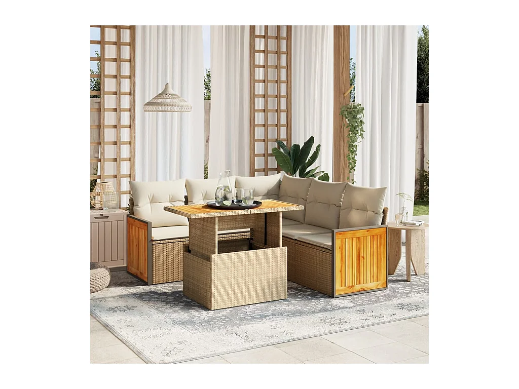 6-delige Loungeset met kussens poly rattan beige