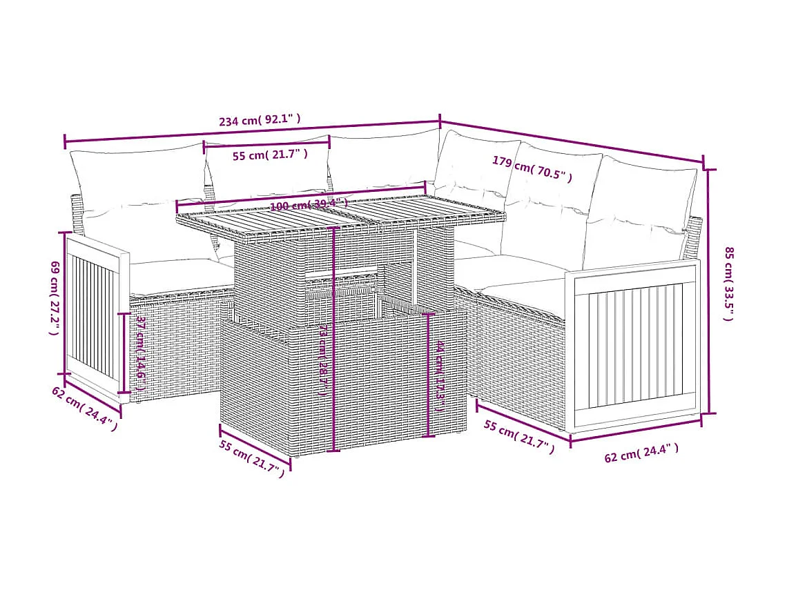 6-delige Loungeset met kussens poly rattan beige