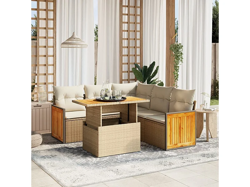 6-delige Loungeset met kussens poly rattan beige