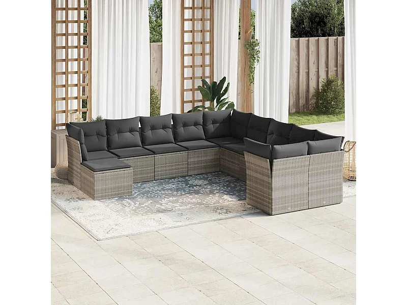 Set de sofás de jardín 11 piezas y cojines ratán sintético gris