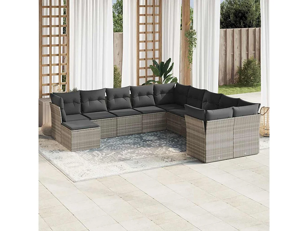 11-delige Loungeset met kussens poly rattan lichtgrijs