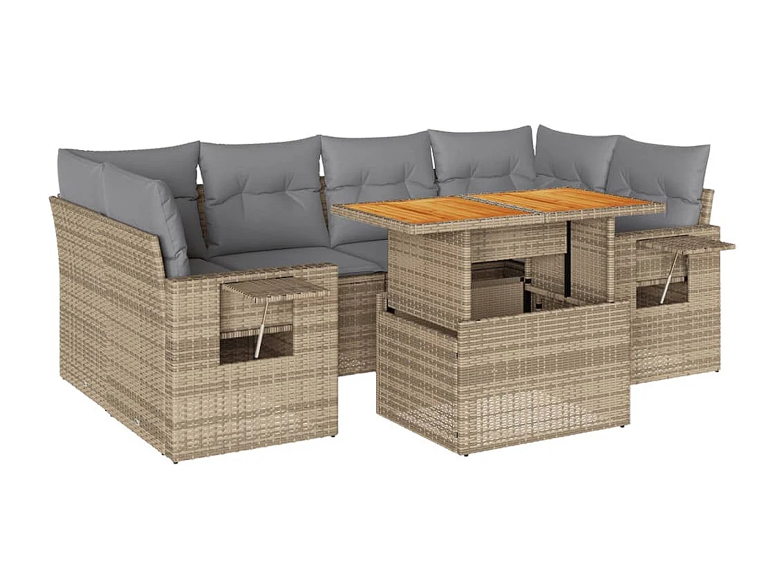7-delige Loungeset met kussens poly rattan beige