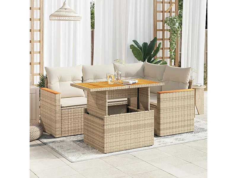 5-delige Loungeset met kussens poly rattan en acaciahout beige