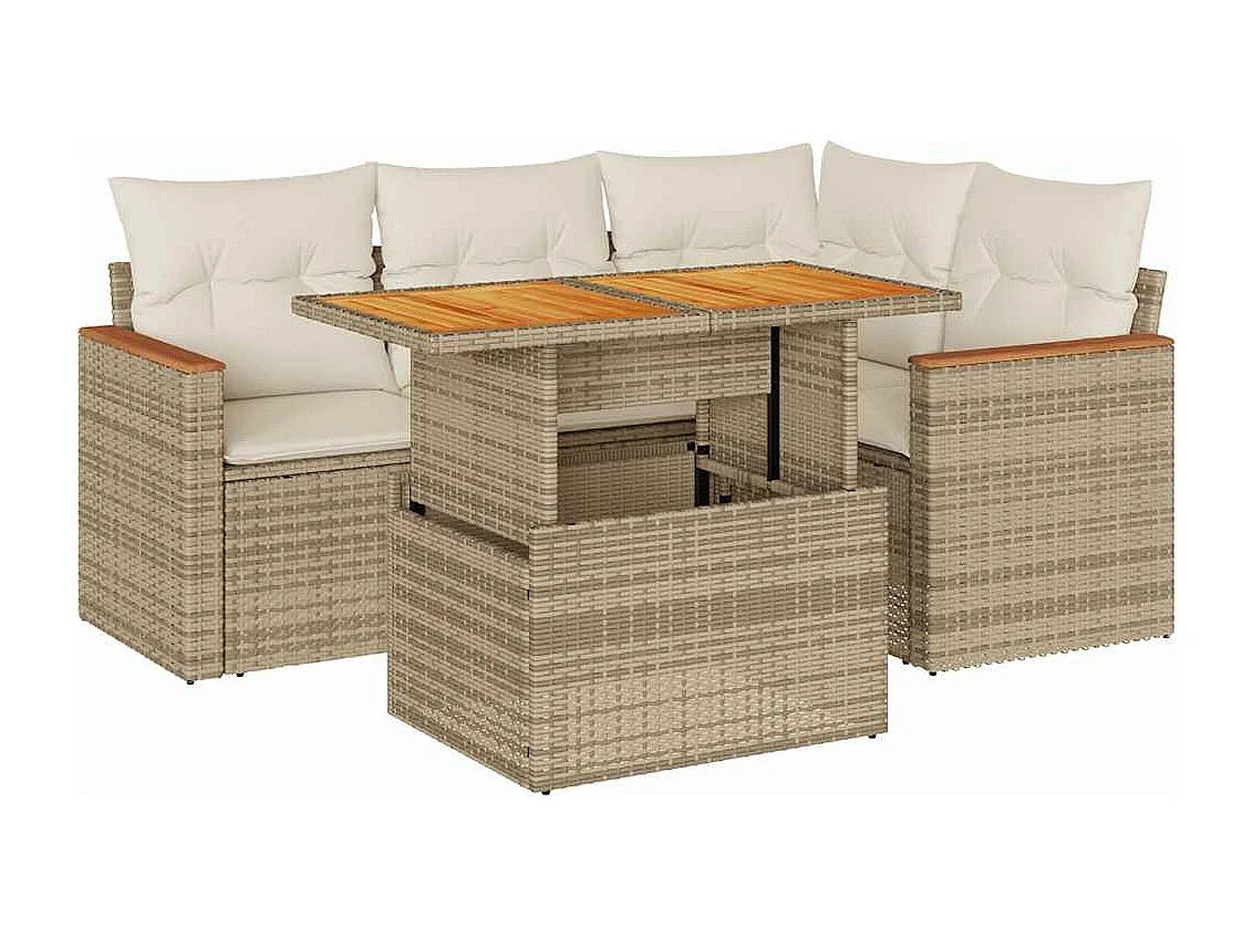 Salon de jardin avec coussins 5 pièces beige résine tressée acacia