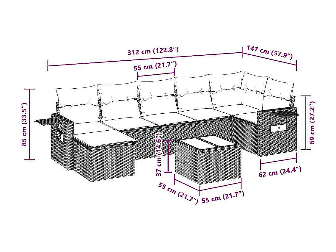 8 peças conj. sofás jardim com almofadões vime PE cinzento-claro