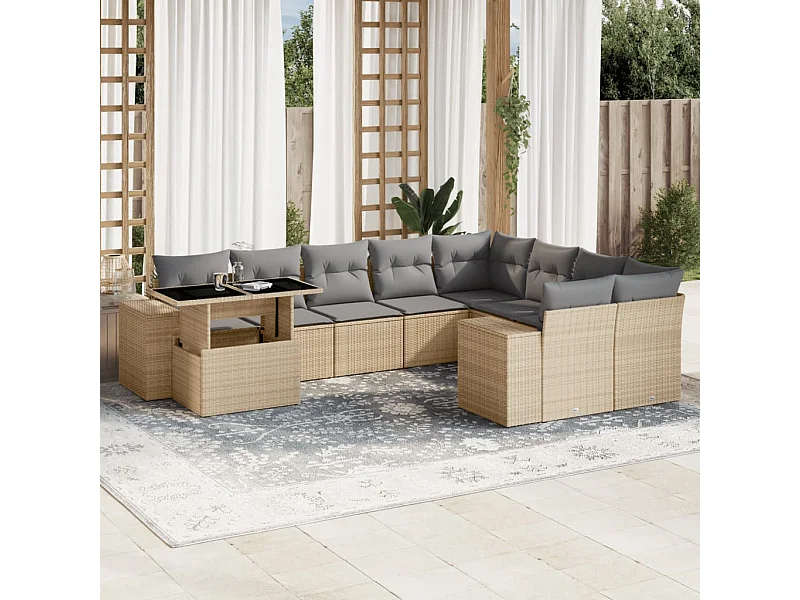 Salon de jardin avec coussins 10 pièces beige résine tressée