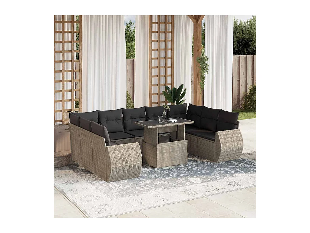 Set sofás jardín 10 piezas con cojines ratán sintético gris claro