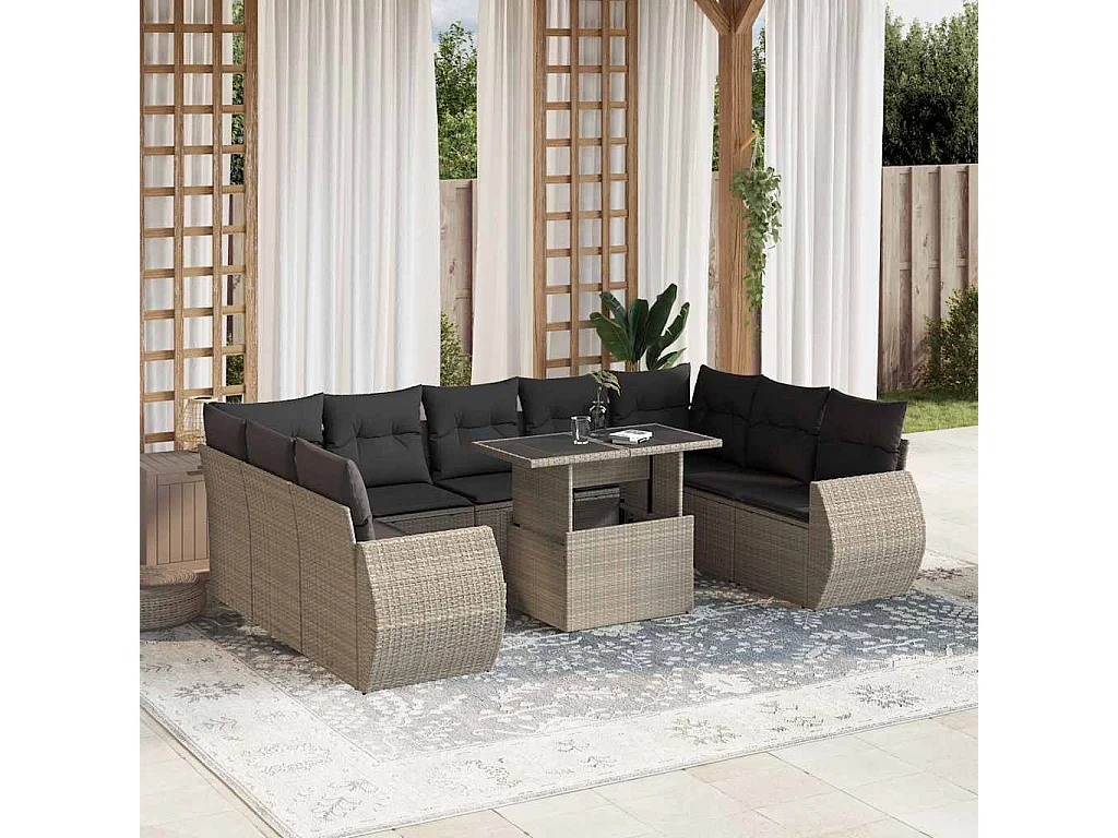 Salon de jardin avec coussins 10 pièces gris clair résine tressée