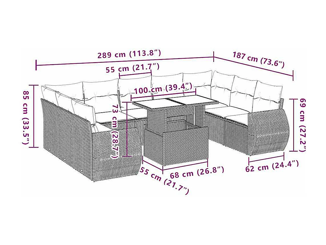 Salon de jardin avec coussins 10 pièces gris clair résine tressée