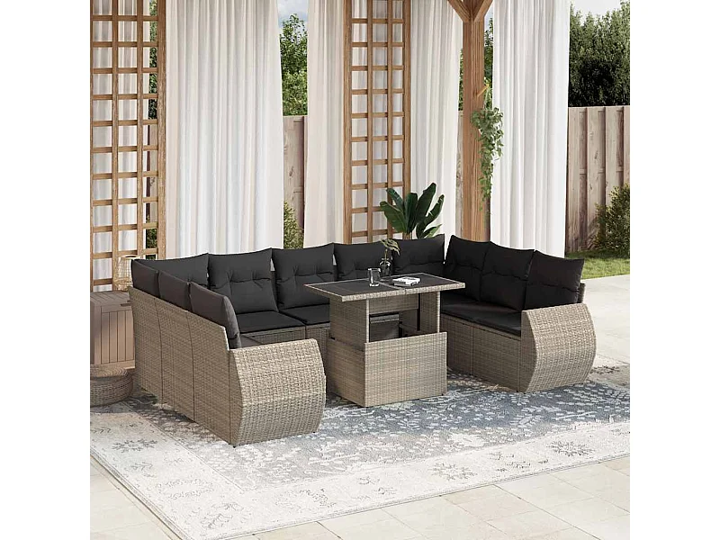 Salon de jardin avec coussins 10 pièces gris clair résine tressée