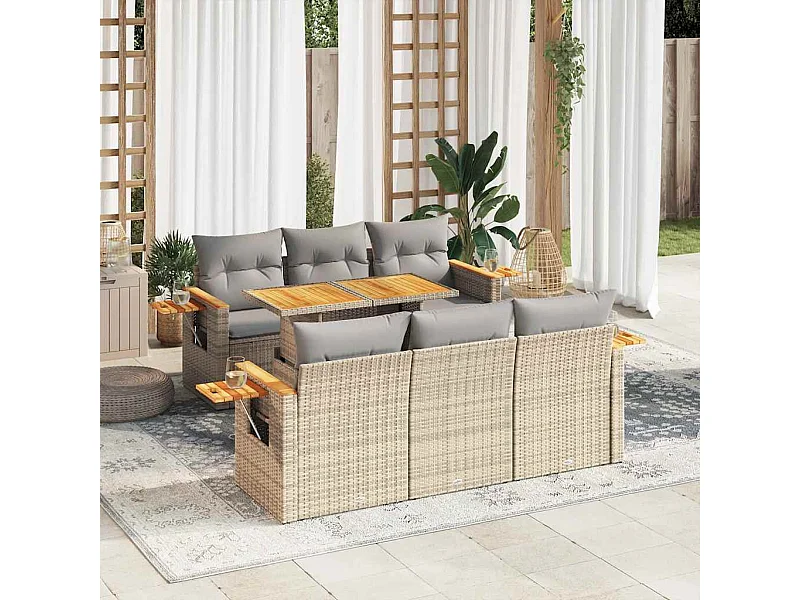 Salon de jardin avec coussins 7 pièces beige résine tressée acacia