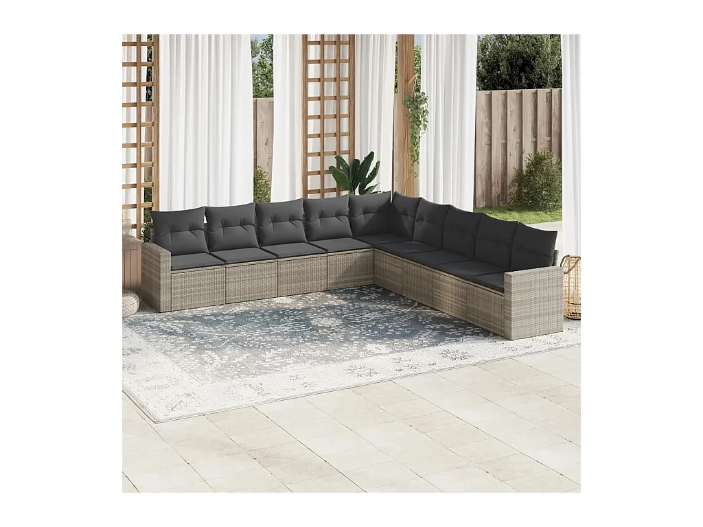 Salon de jardin 9 pièces avec coussins gris clair résine tressée