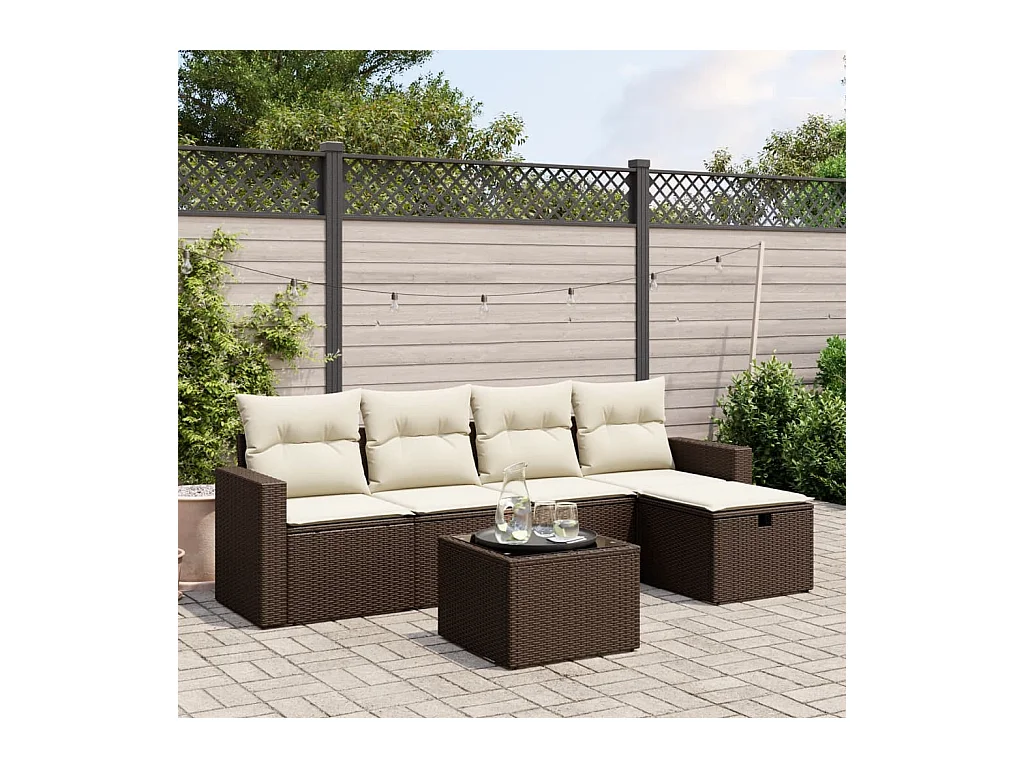 6-delige Loungeset met kussens poly rattan bruin