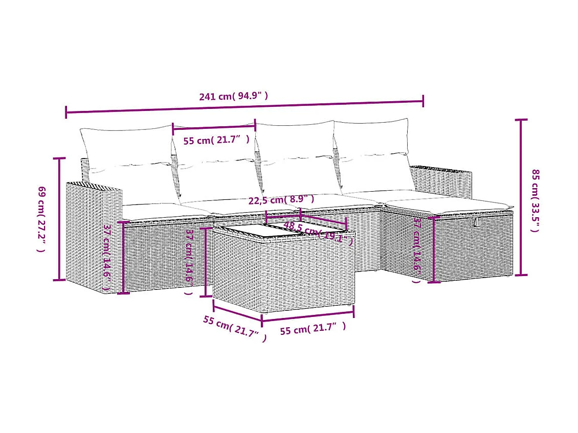 Salon de jardin avec coussins 6 pièces marron résine tressée