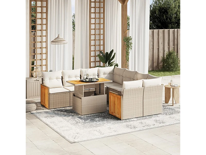 Set de sofás de jardín 9 piezas con cojines ratán sintético beige