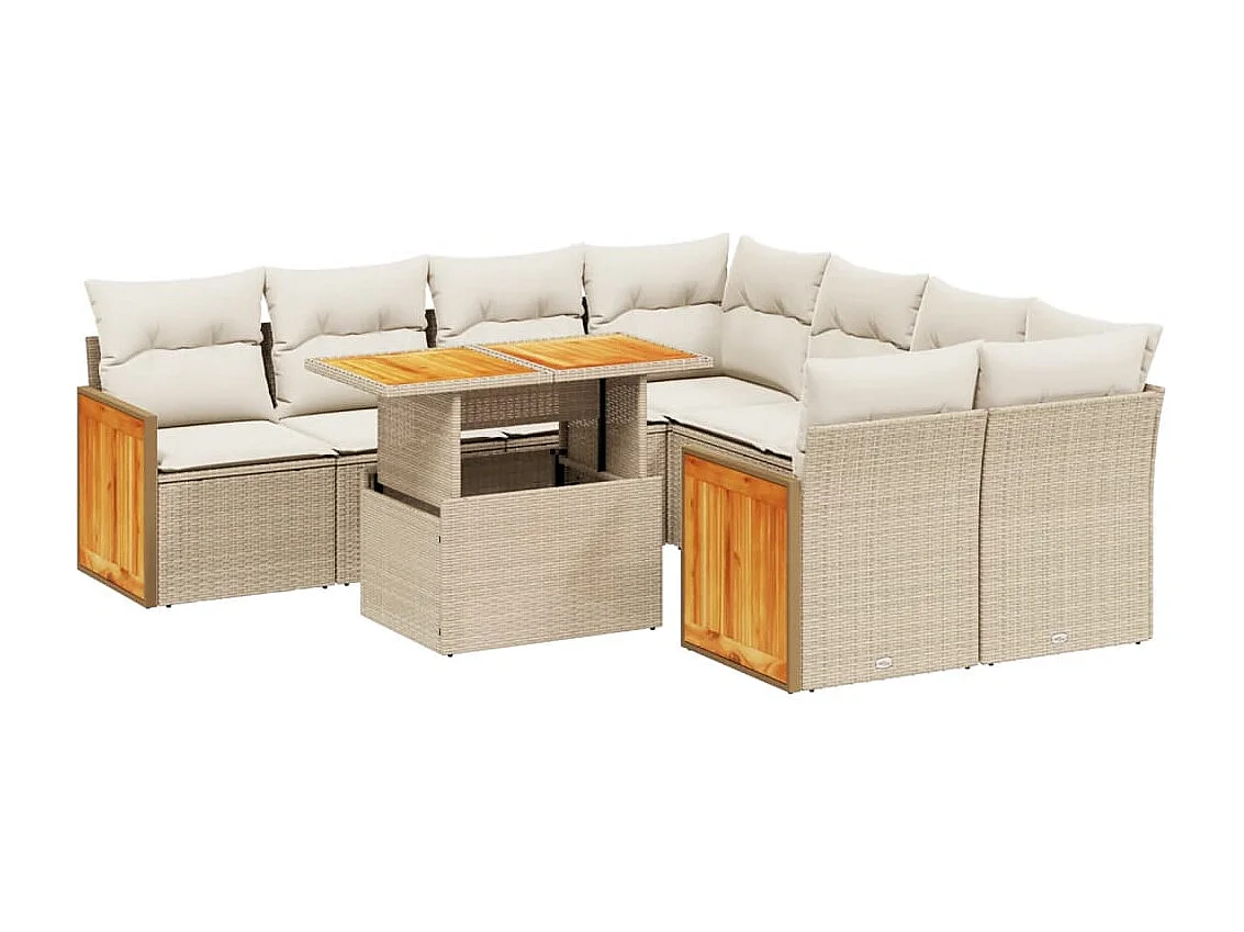 Set de sofás de jardín 9 piezas con cojines ratán sintético beige
