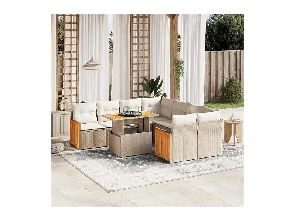 9-delige Loungeset met kussens poly rattan beige