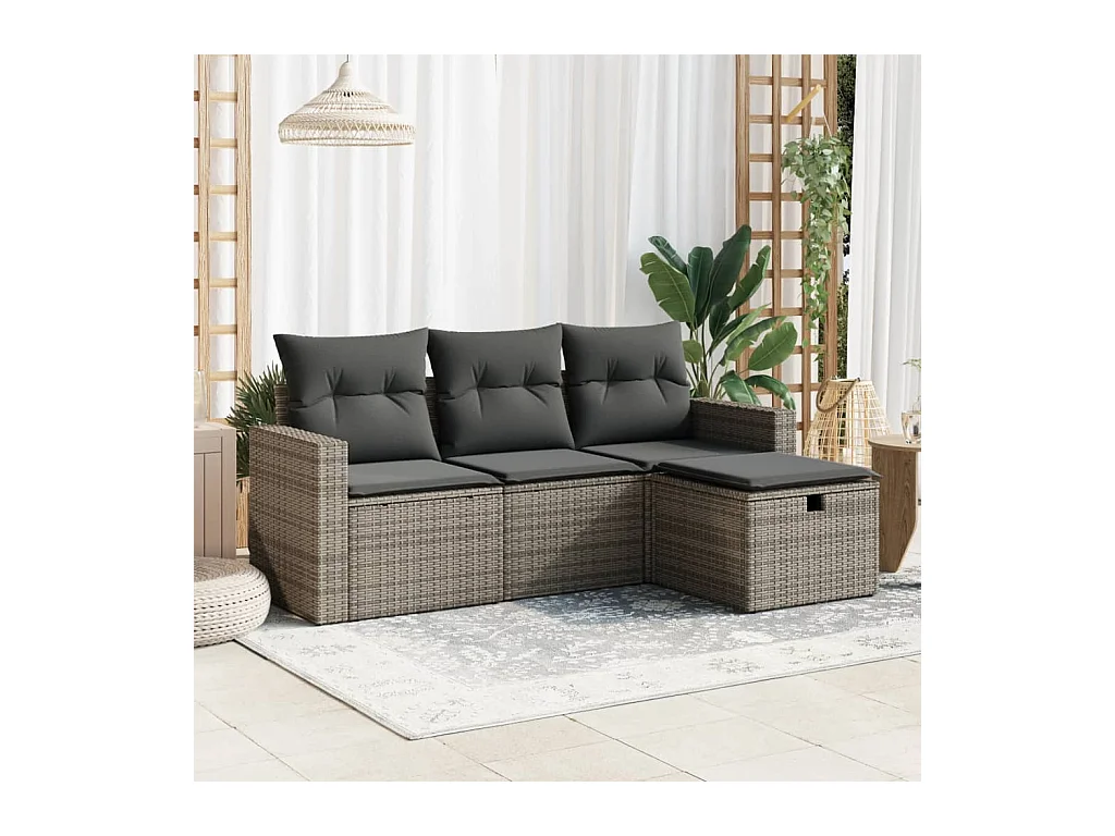 Salon de jardin 4 pièces avec coussins gris résine tressée