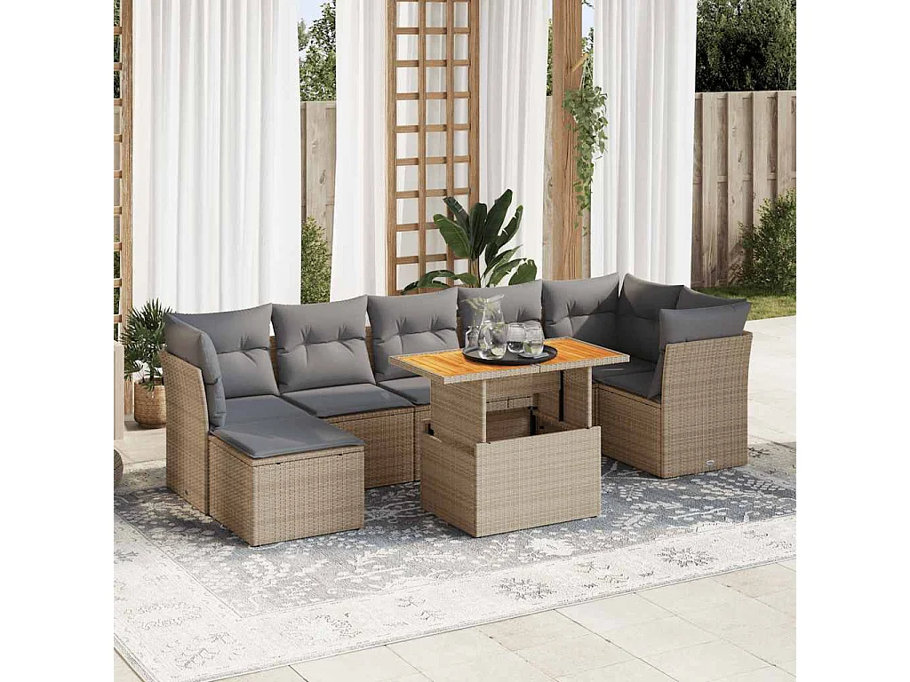 8-delige Loungeset met kussens poly rattan beige