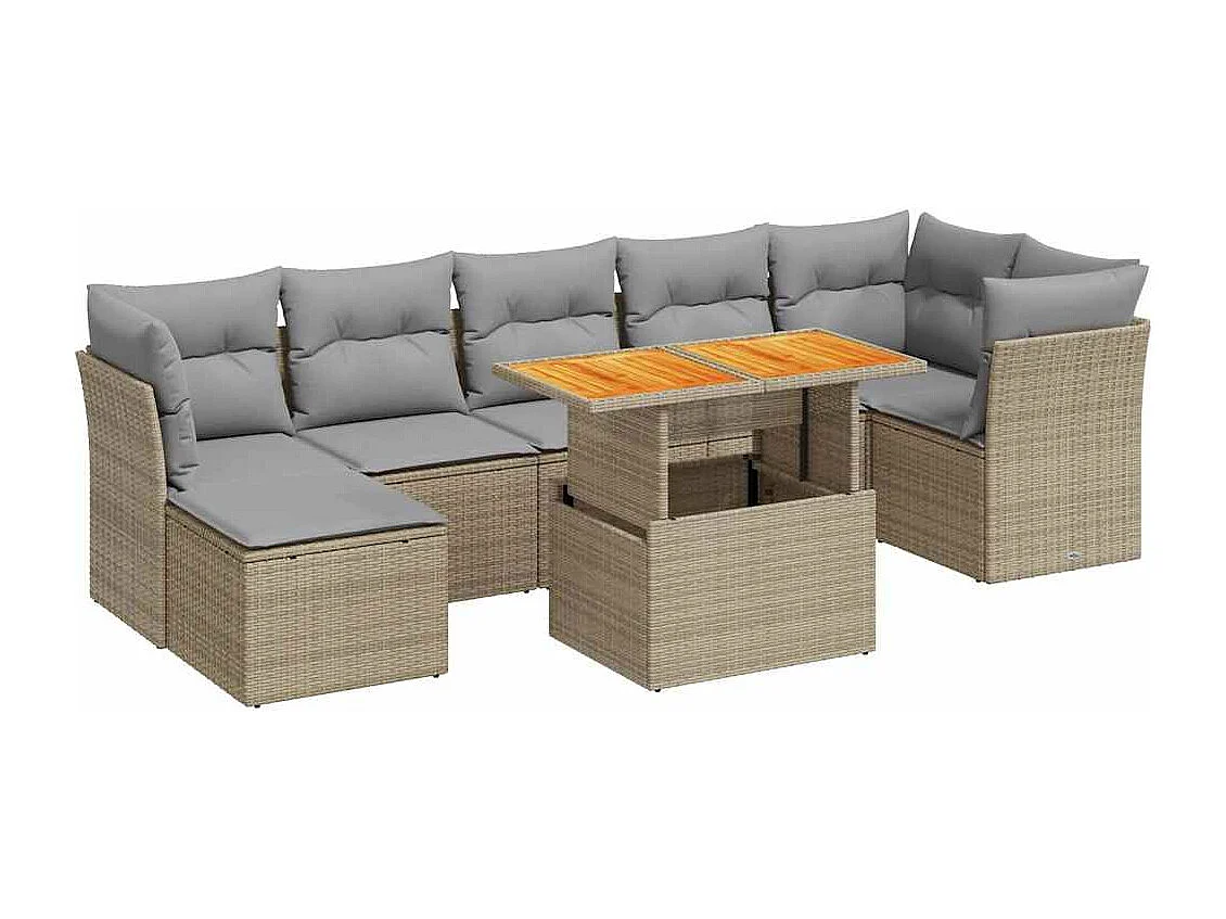 8-delige Loungeset met kussens poly rattan beige