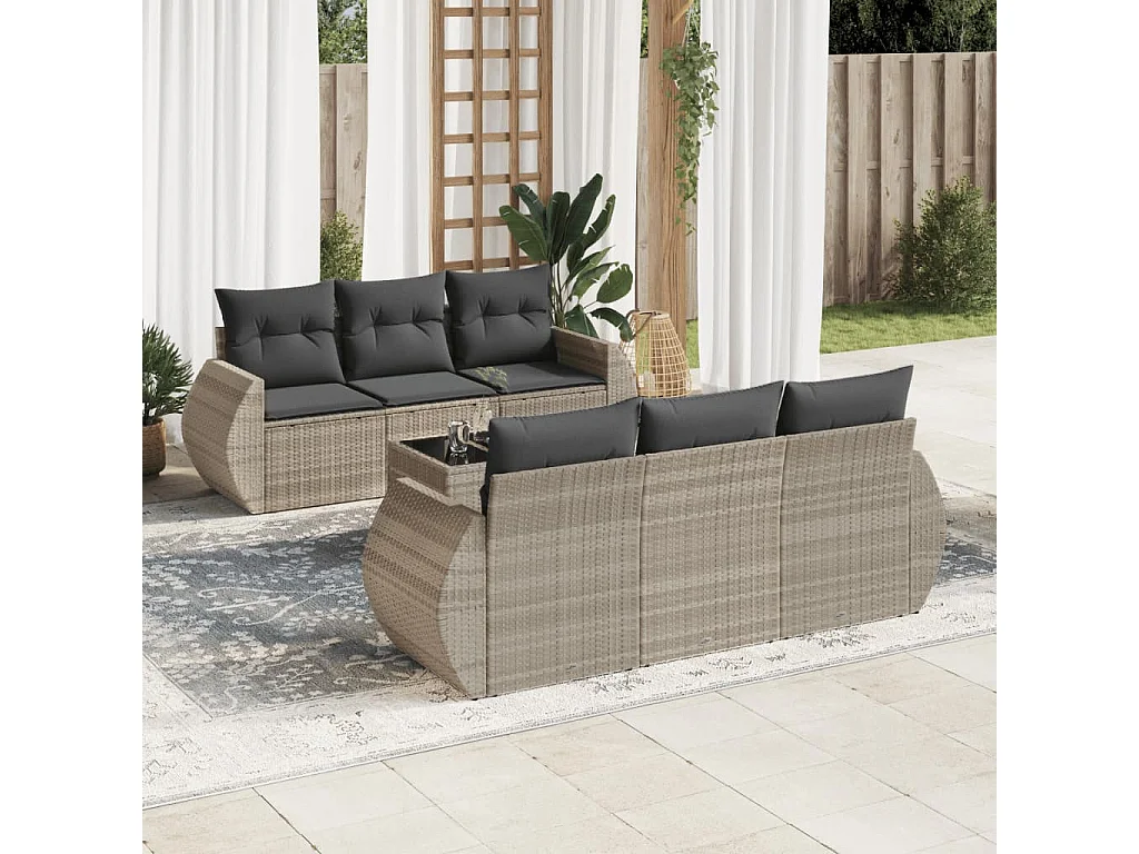 7-delige Loungeset met kussens poly rattan lichtgrijs
