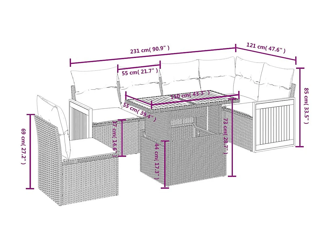 Salon de jardin avec coussins 7 pièces beige résine tressée