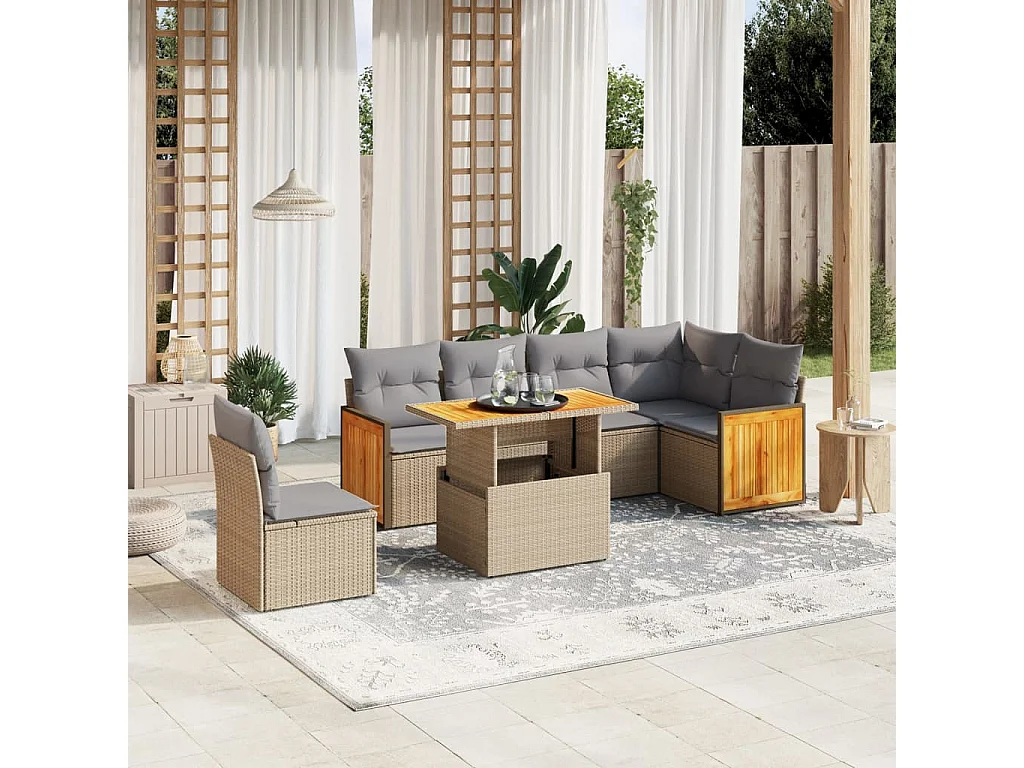 Salon de jardin avec coussins 7 pièces beige résine tressée