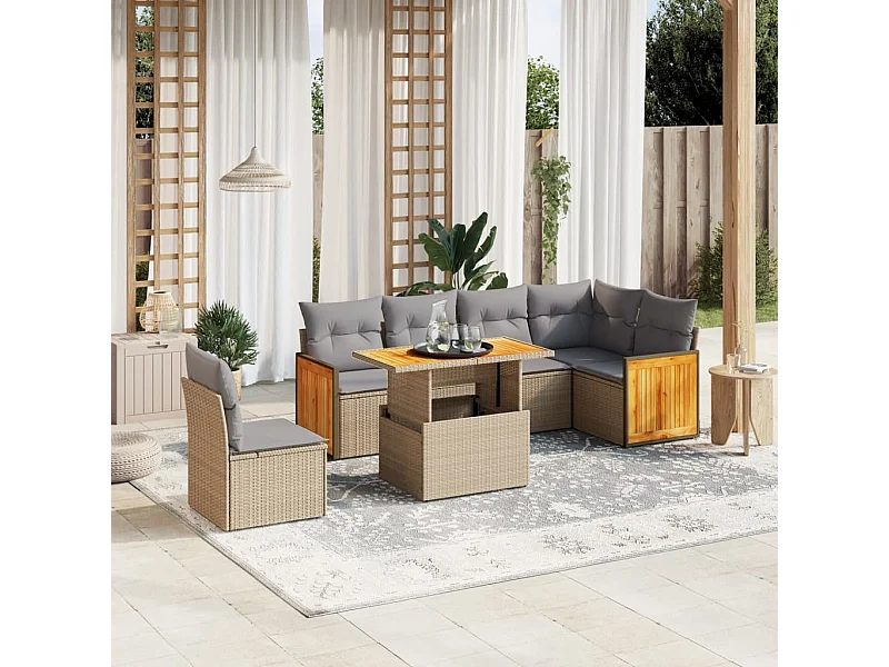 Salon de jardin avec coussins 7 pièces beige résine tressée