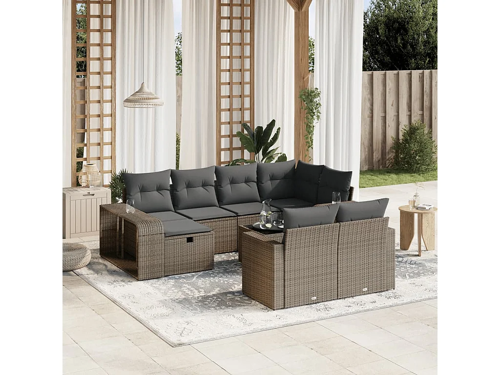 Salon de jardin 11 pièces avec coussins gris clair résine tressée