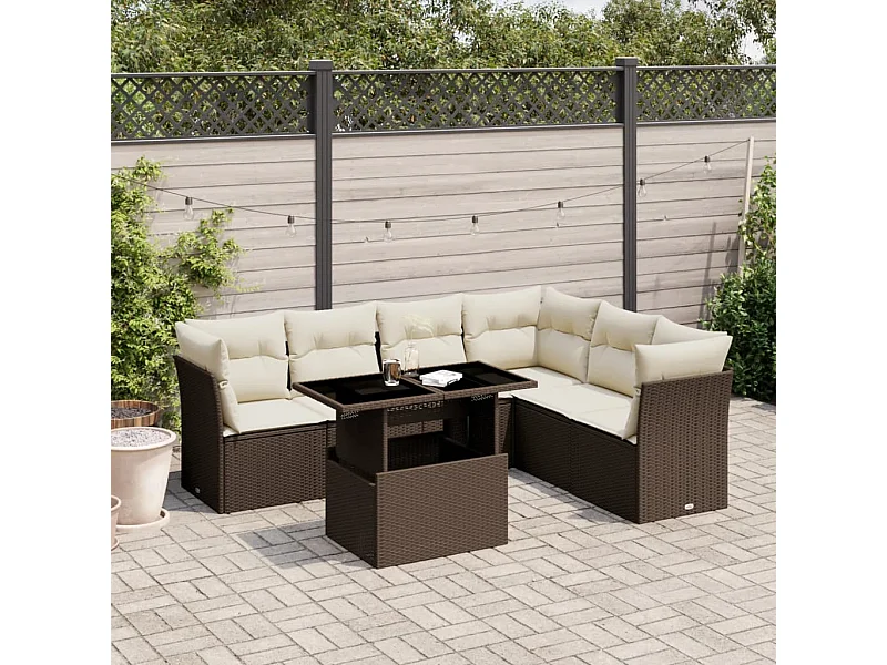 7-delige Loungeset met kussens poly rattan bruin