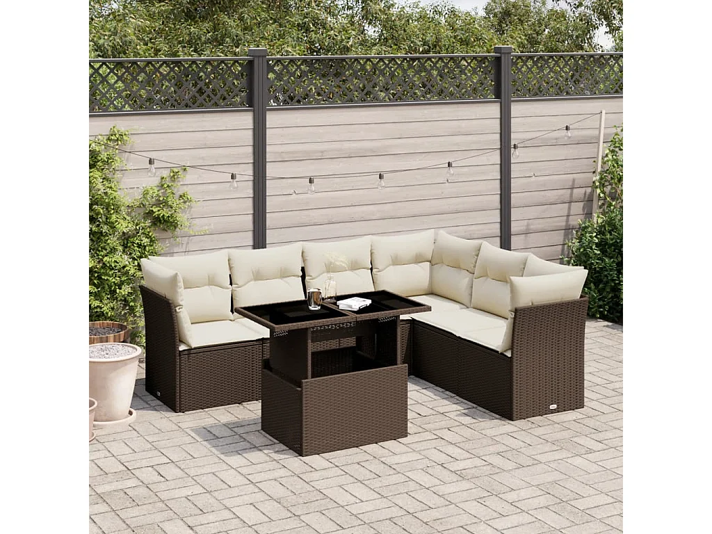 7-delige Loungeset met kussens poly rattan bruin