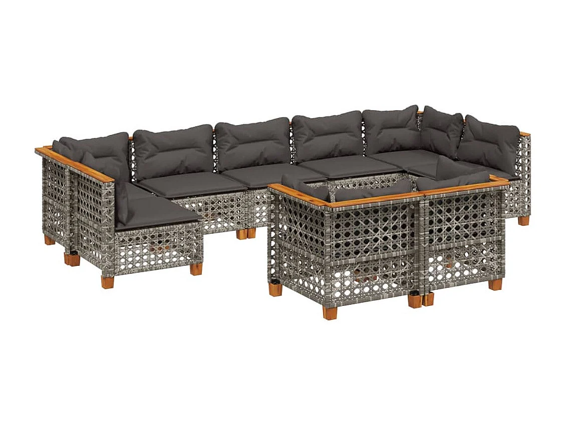 Set de muebles de jardín 9 piezas y cojines ratán sintético gris