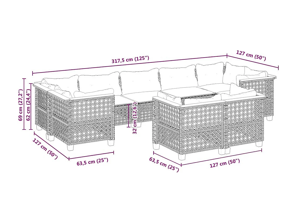 Set de muebles de jardín 9 piezas y cojines ratán sintético gris