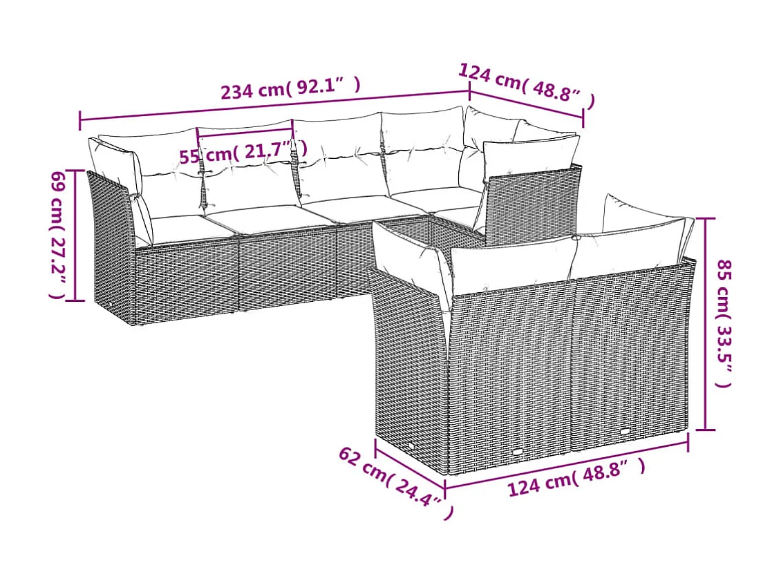 7 peças conj. sofás jardim com almofadões vime PE cinzento-claro