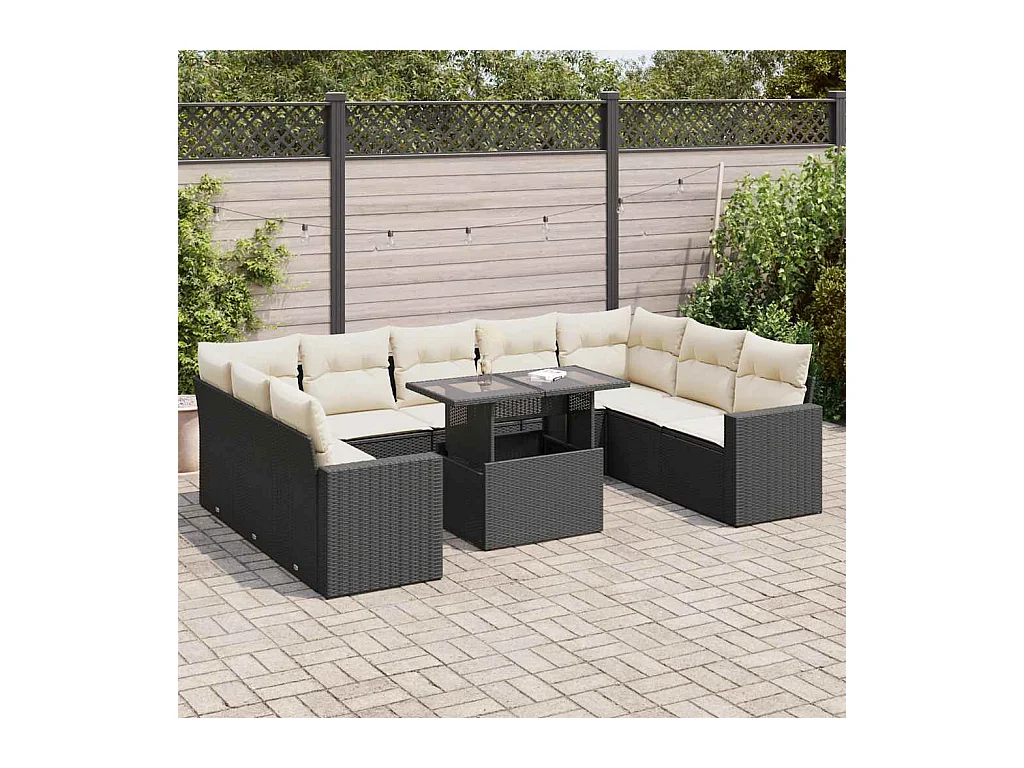 10-delige Loungeset met kussens poly rattan zwart