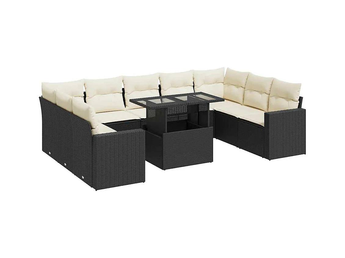 Salon de jardin 10 pièces avec coussins noir résine tressée