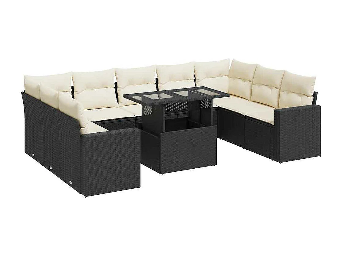 10-delige Loungeset met kussens poly rattan zwart