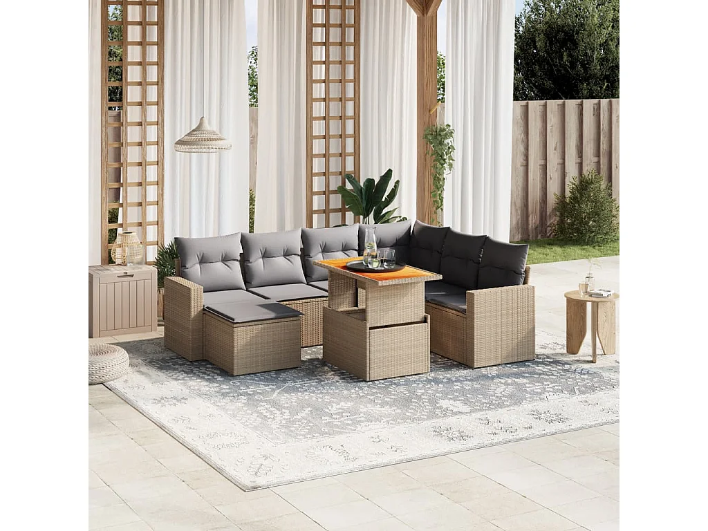 8-delige Loungeset met kussens poly rattan beige