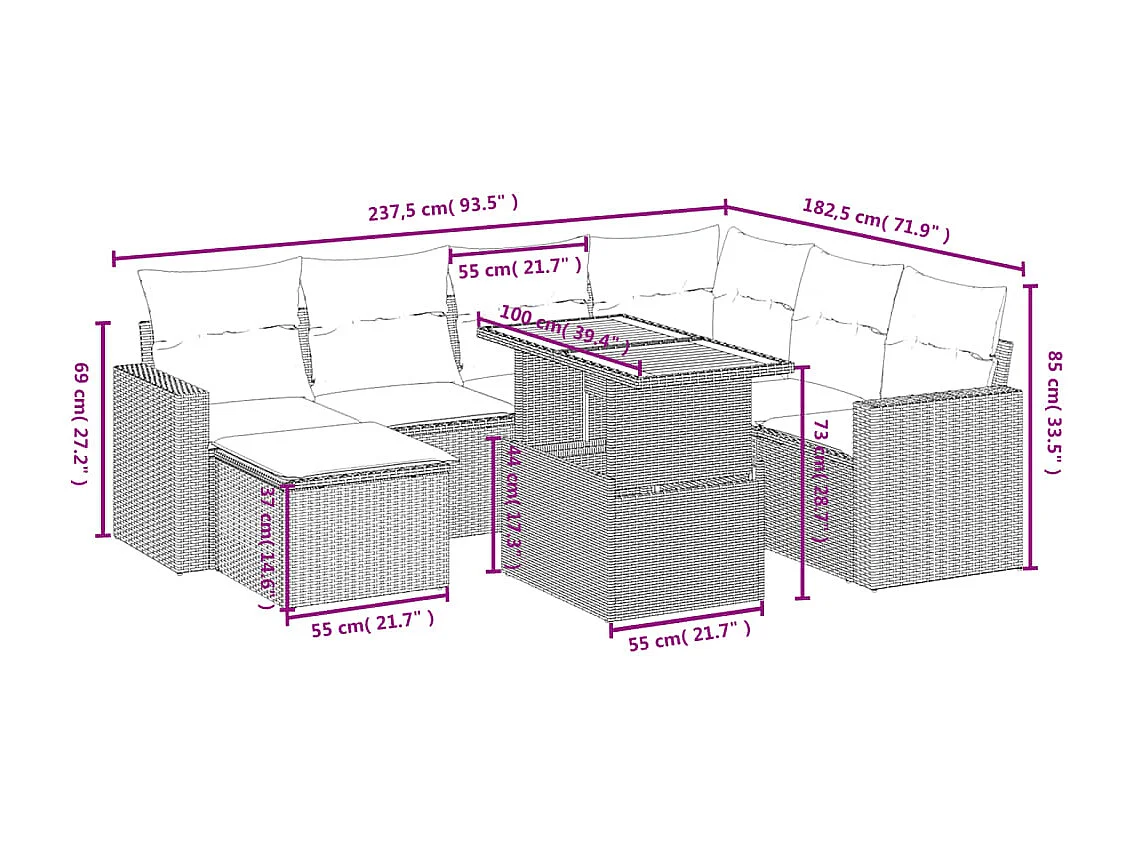 8-delige Loungeset met kussens poly rattan beige