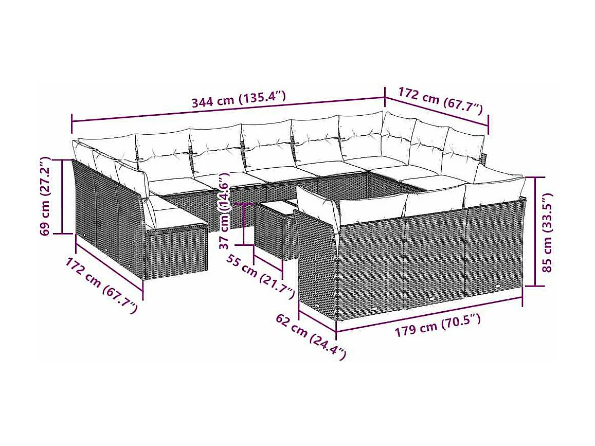 Salon de jardin avec coussins 14 pièces gris clair résine tressée