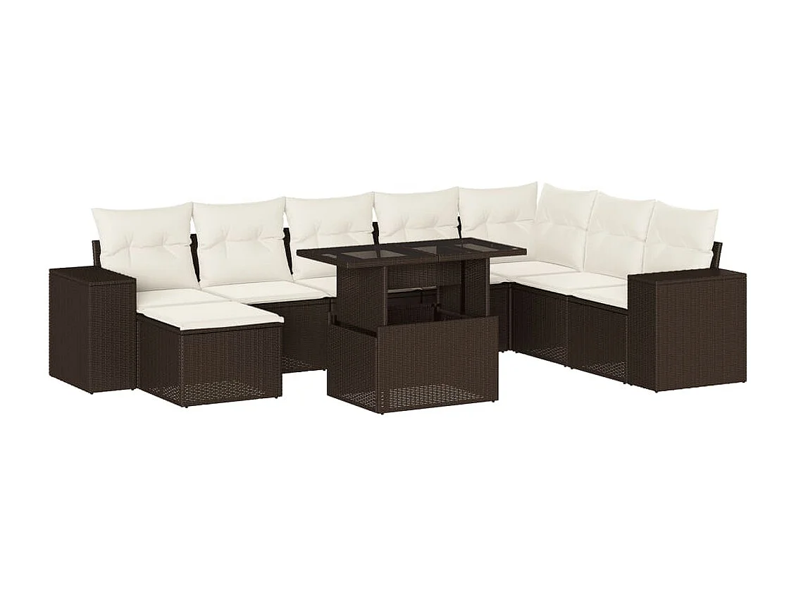 Set de sofás de jardín 9 piezas y cojines ratán sintético marrón